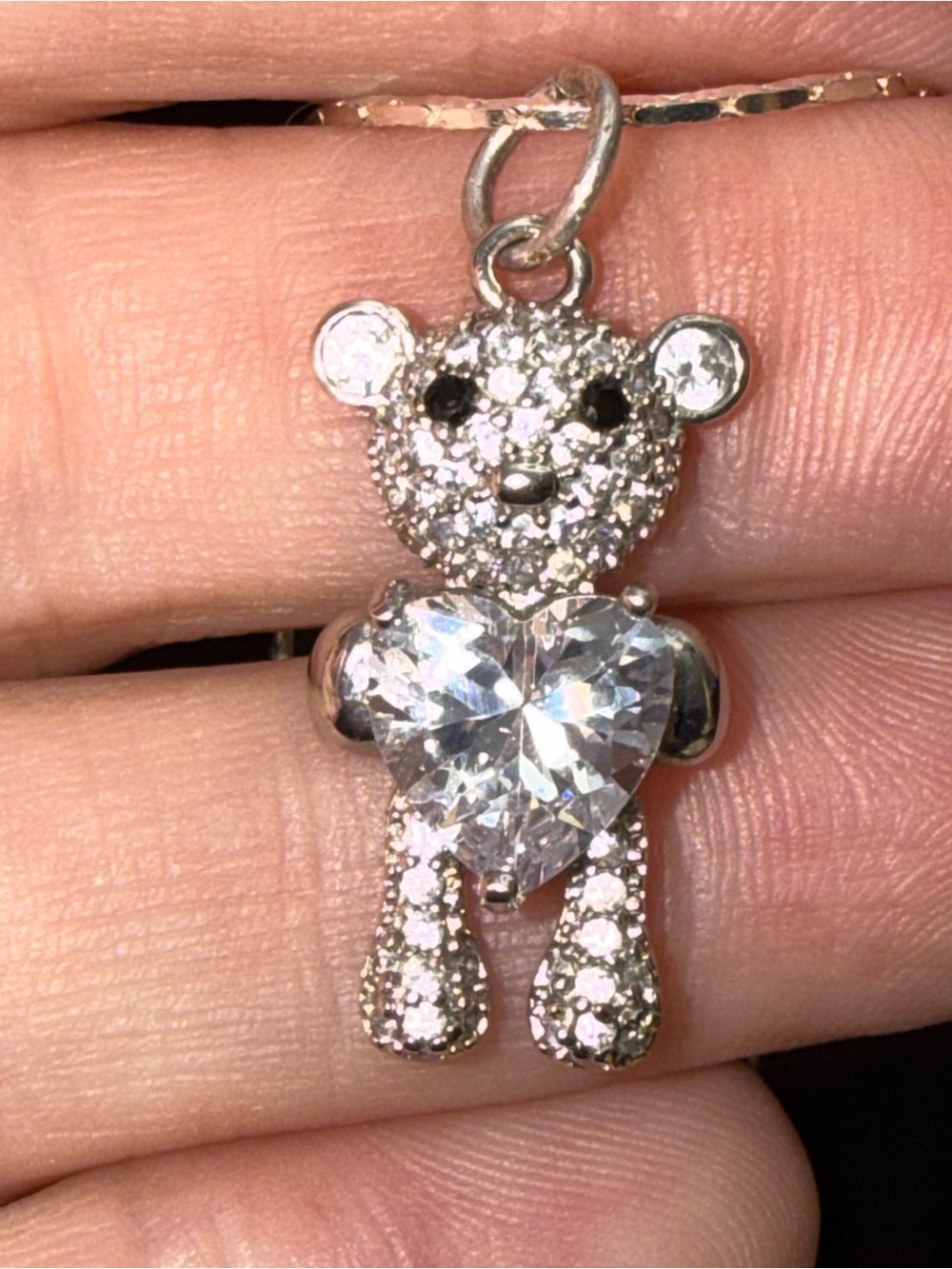 Sterling Silver Crystal Teddy Bear Pendant Necklace - Sparkling adj 26-28